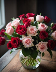 Obraz premium Romantic Valentine’s bouquet featuring red and pink roses expressing love and affection, perfect for a special occasion or celebration of romance in a serene garden setting. Generative AI