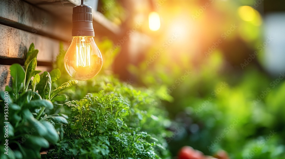Poster AI-controlled lighting system in a vertical farm adjusting intensity and spectrum to suit different growth stages of plants Stock Photo with copy space