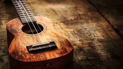 Fototapeta premium Close-up of a Vintage Ukulele on a Wooden Surface