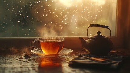 A cup of  tea on a wooden windowsill against the background of an autumn rainy window. Autumn mood aesthetic. Vintage background composition