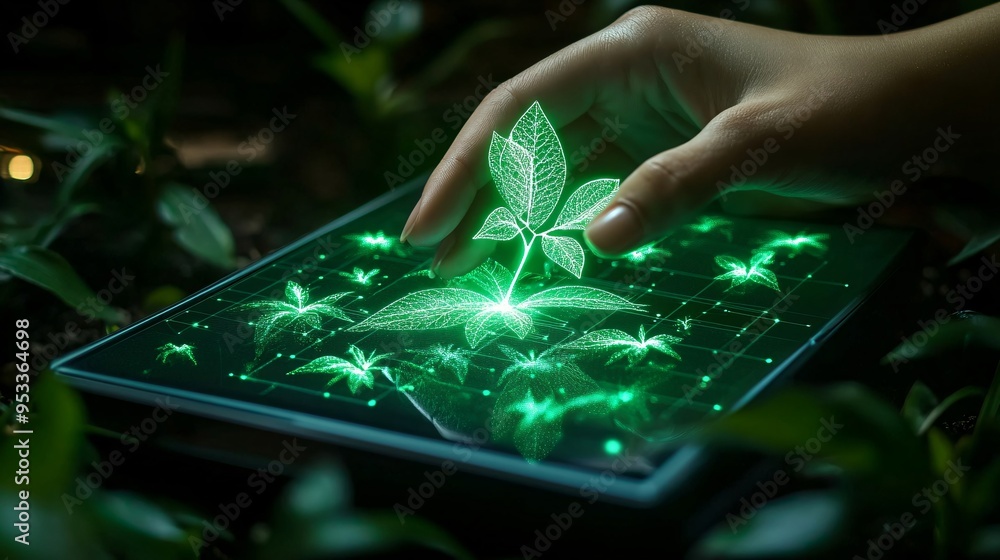 Aufkleber AI-enhanced system providing real-time feedback to a farmer on crop growth patterns and suggesting adjustments to improve yield Stock Photo with copy space