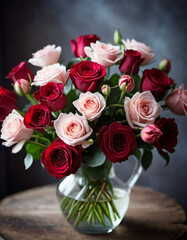 Romantic Valentine&rsquo;s bouquet featuring red and pink roses expressing love and affection, perfect for a special occasion or celebration of romance in a serene garden setting. Generative AI