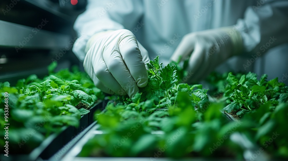 Poster farmer using ai to analyze soil quality and nutrient content in a plant factory ensuring optimal con