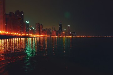 City Of Chicago Skyline at Night. Vibrant Colors Reflecting on Lake Michigan