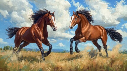 Horses Playing. Two Bay Horses Engaging in Playful Interaction against a Vibrant Meadow backdrop