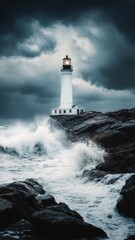 Obraz premium Stormy Sentinel on Rugged Shores, a fierce lighthouse stands tall against crashing waves, its beam cutting through dark clouds, embodying resilience amid nature’s fury.