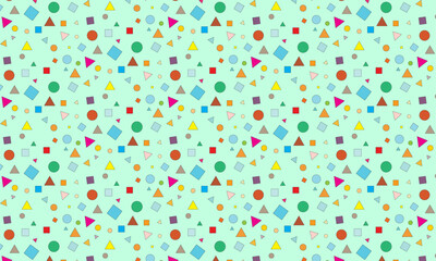 Seamless pattern of basic shapes. Square, triangle and circle vector seamless pattern isolated on green background.