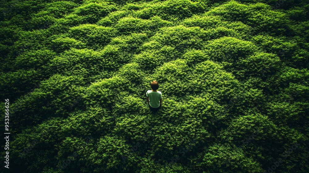 Aufkleber Farmer using AI to optimize the spacing and arrangement of plants in a vertical farm to maximize light exposure and growth Stock Photo with copy space