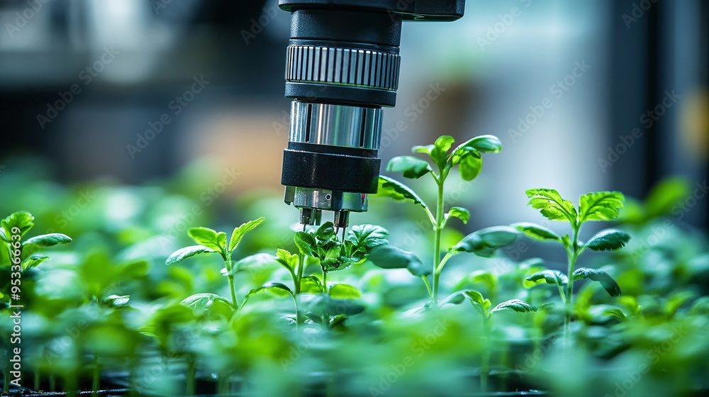 Poster AI-driven system automating the transplanting of seedlings in a plant factory ensuring uniformity and efficiency Stock Photo with copy space