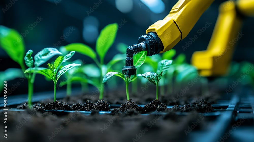 Poster AI-driven system automating the transplanting of seedlings in a plant factory ensuring uniformity and efficiency Stock Photo with copy space