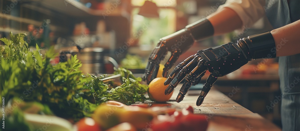 Poster disabled person using ai-powered prosthetic limb to perform daily tasks such as cooking or cleaning 