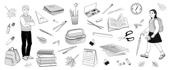 boys and girls of primary school age and a set of elements for study, pens, pencils, books, notebooks, compasses, scissors, brushes, paints, glue, lunch box