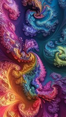 Vibrant Fractal Harmony, an exploration of intricate geometric designs in bold colors, showcasing the beauty of mathematical art and the interplay of light and form.