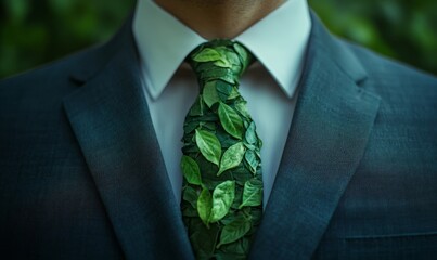 Businessman suit wears a tie made of green leaves,  environmental consciousness sustainability Ideal for eco-conscious and sustainable business themes, Generative AI