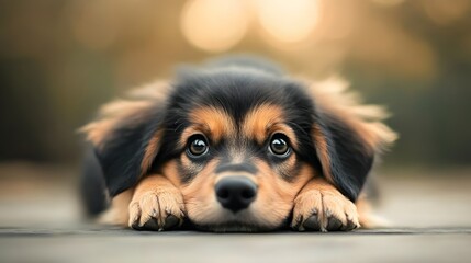 Adorable puppy lying down with bright eyes in soft focus background