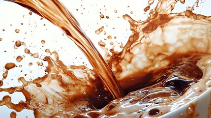 Close-up of coffee being poured into a cup, creating a splash and droplets.