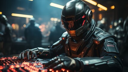 Fototapeta premium Futuristic cool robot DJ spinning decks at a highenergy club scene with dynamic lighting.