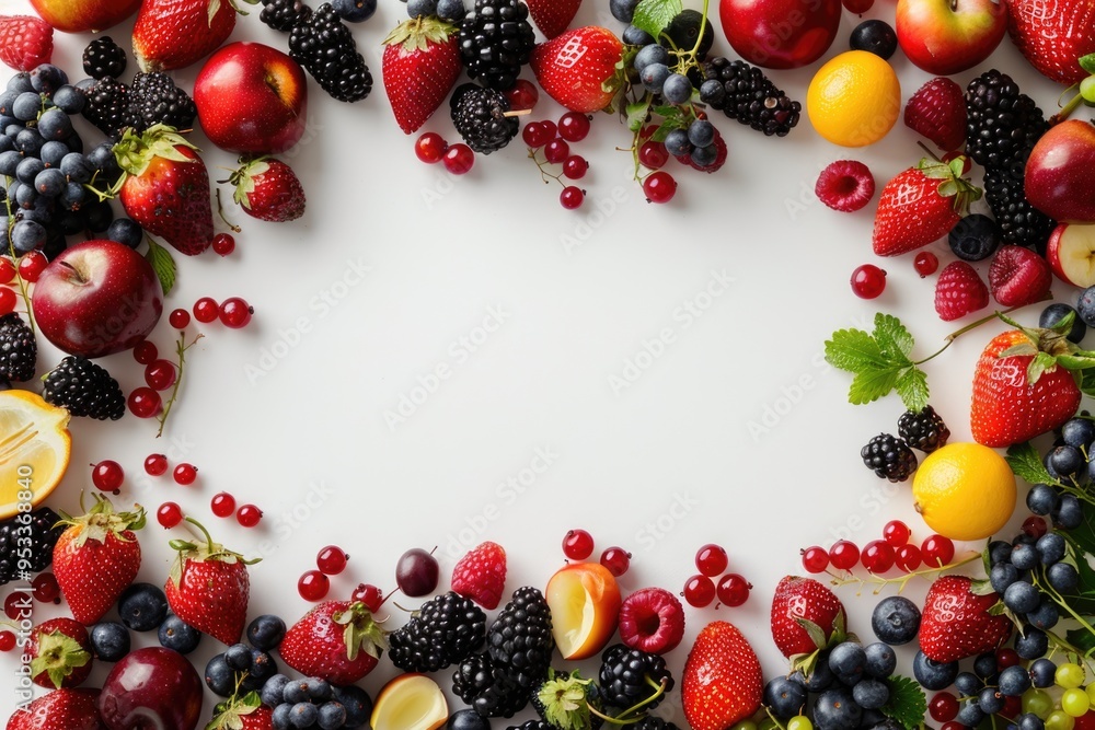 Poster a colorful display of various fruits arranged in a circular pattern