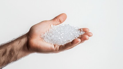 Granules of polycarbonate in man hand isolated on white background. Chemical technology concept Raw material banner with place for text.