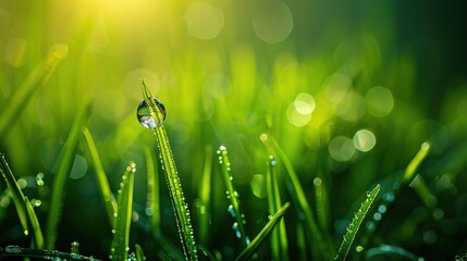 Fototapeta premium Stunning Picture of Dewdrop on Green Grass: A Delicate and Enchanting Natural Snapshot. Showcasing the Beauty and Serenity of Tiny Wonders.