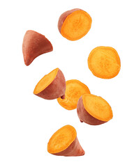 Falling Sweet Potato, yam, isolated on white background, full depth of field