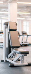 Modern gym interior with high-quality fitness equipment, weights, workout machines, and cardio equipment in a clean, minimalist setting.