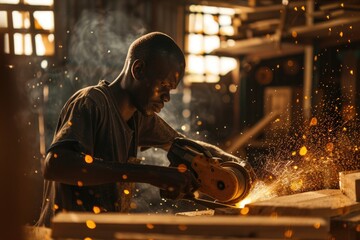 A person operating a power tool to make a precise cut in a wooden plank, useful for DIY projects and woodworking