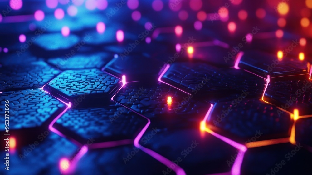 Poster abstract hexagon pattern with neon lights