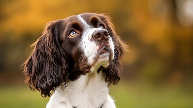 Thoughtful springer spaniel gazing upwards in autumn light