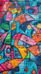 Obraz premium Vibrant Urban Graffiti, an explosion of colors and intricate designs adorn a weathered brick wall, showcasing the dynamic spirit of street art in a bustling city environment.
