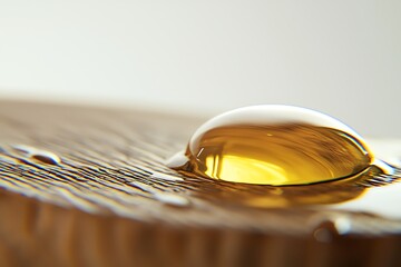 Closeup of a single water droplet on a wooden surface.