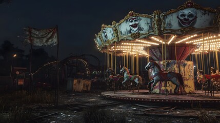 Eerie abandoned carnival ride at night with creepy carousel horses