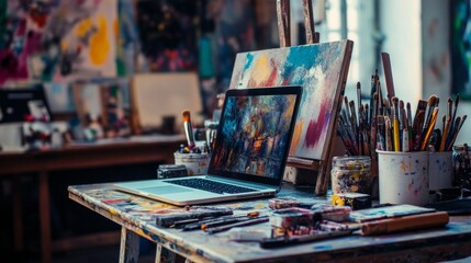 Artistic Haven, a vibrant creative workspace filled with colorful art supplies, a sleek laptop, inspiring decor, inviting atmosphere, perfect for artistic expression and productivity.