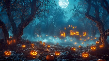 Obraz premium Spooky halloween night with glowing jack-o'-lanterns and haunted house under full moon