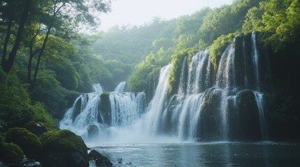 Naklejka premium Serene Waterfall in Lush Forest