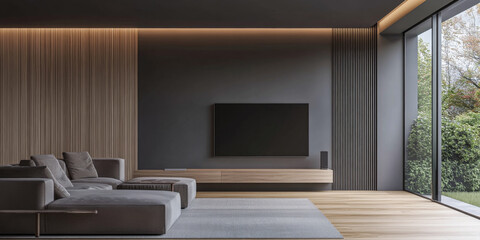 Modern minimalist living room interior with led lighting, wal panels and minimal furniture