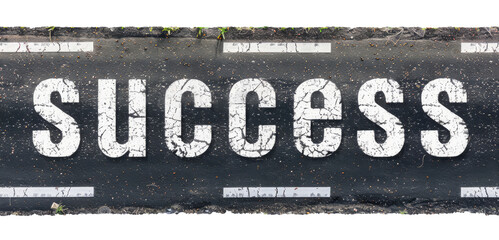 Asphalt road with the word "Success" isolated on transparent background, top view