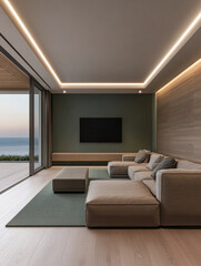 Modern minimalist living room interior with led lighting, wal panels and minimal furniture