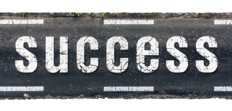 Asphalt road with the word "Success" isolated on transparent background, top view