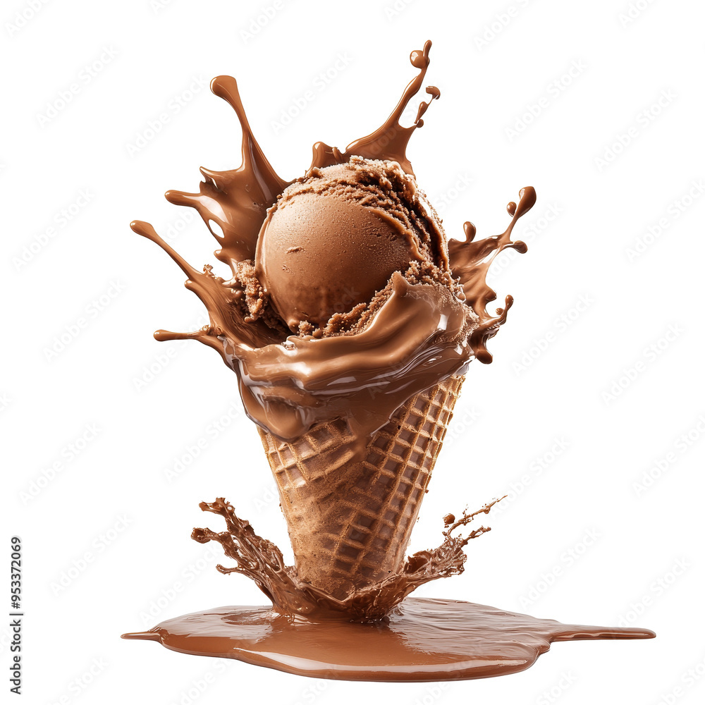 Poster chocolate ice cream splashes out of a cone, creating a delightful mess against a pure png backdrop, 