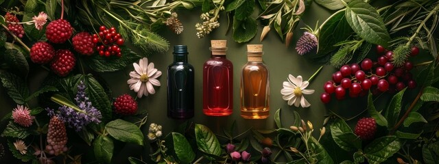 Herbal essence bottles surrounded by fresh berries and flowers