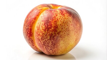 Fototapeta premium Ripe speckled peach with soft, fuzzy skin and warm golden undertones, set against a clean white background, showcasing its natural beauty and gentle texture.