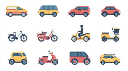 Fototapeta premium Set of Flat Vector Icons for Private Transportation App - Cars, Motorcycles, Bicycles | Modern Transport Symbol Collection