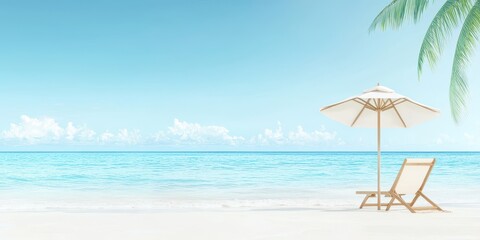 Beach Umbrella and Lounger on Tropical Beach with Clear Blue Water