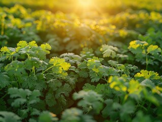 A field of coriander ready for harvest at sunset
