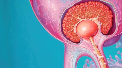 Artistic anatomical drawing of the prostate gland, emphasizing enlargement, precise structure, medical accuracy, suitable for healthcare education, labeled parts