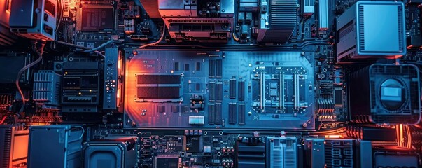 Fototapeta premium A semiconductor fabrication plant lit by UV light