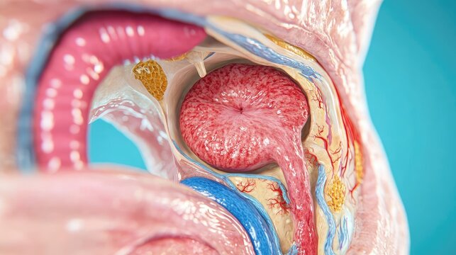 Close-up medical illustration of an enlarged prostate affecting the urinary system, high-resolution, detailed anatomy, cross-sectional perspective, educational focus