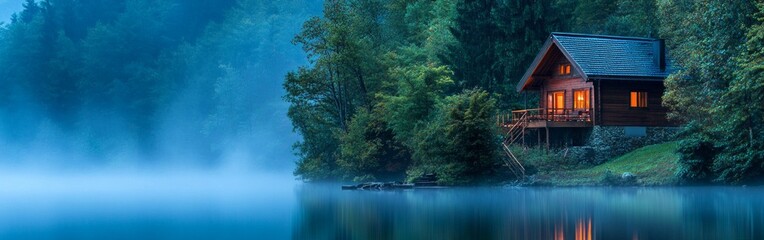Obraz premium Misty Lakeside Dream House, a serene retreat nestled by tranquil waters, surrounded by lush greenery, inviting peace and relaxation amid nature's beauty.