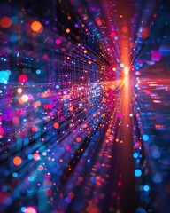 Fototapeta premium Fiber optic strands in a dynamic, Abstract Colorful Bokeh Background.